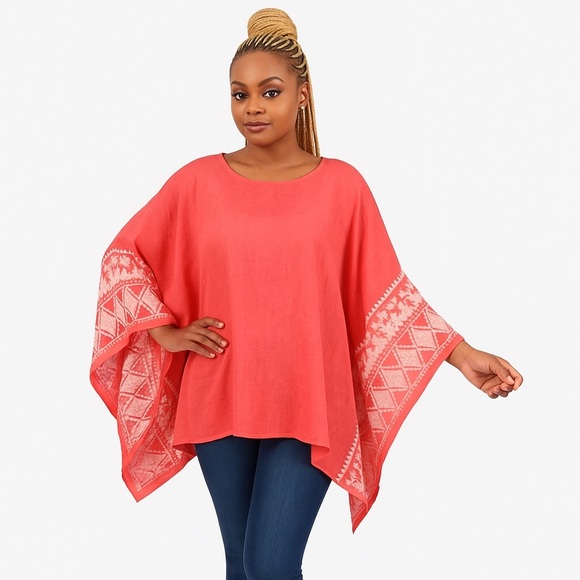 Passion of Essence Tops - Coral Tunic – “Sunset Bloom Embroidered Top